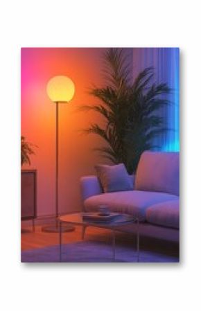 A modern living room glows with a warm, ambient light from a stylish floor lamp, creating a cozy and relaxing atmosphere