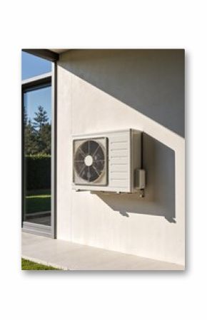 Heat pump mounted on smooth concrete house wall, showcasing efficient modern design and minimalistic aesthetic under strong sunlight