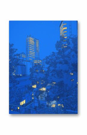 昭和レトロな雰囲気漂う1980年代アニメ風の高層ビル夜景イラスト｜深夜の静寂に包まれた都会の風景を、ノスタルジックな配色と手描き風タッチで描いた幻想的な都市情景素材