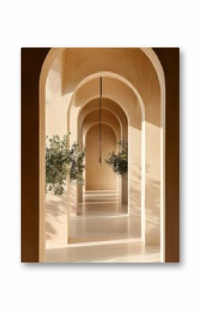 Elegant arches create a serene atmosphere in a sunlit corridor with olive trees in a modern architectural setting