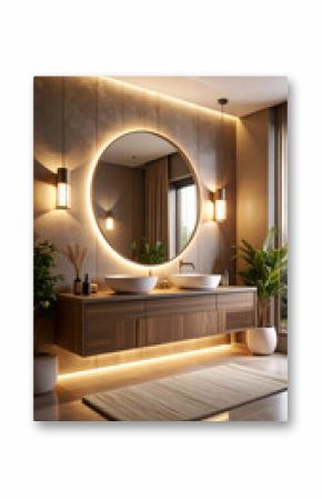 Modern bathroom with warm lighting, and zen.