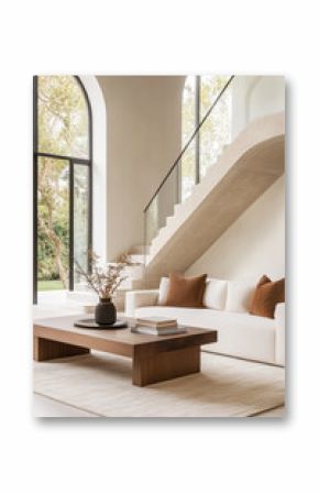 Elegant modern living room with natural light and minimalist decor in a stylish home