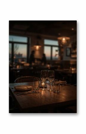 Elegant Dining, A Close-Up of a Richly Grained Wooden Table Set for Dinner in a Warmly Lit Restaurant Setting