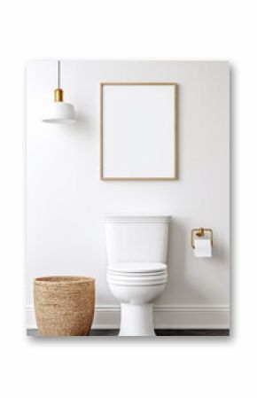 Modern bathroom design featuring a white toilet, decorative basket, and stylish lighting along with a blank wall. Empty vertical frame for modern wall art mockup