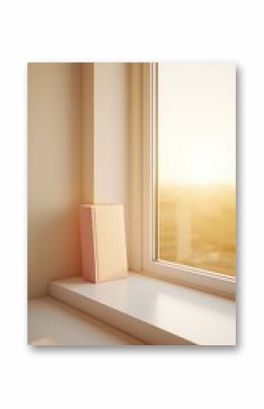 Minimalist book on a window sill bathed in golden light during morning hours offering quiet space for contemplation