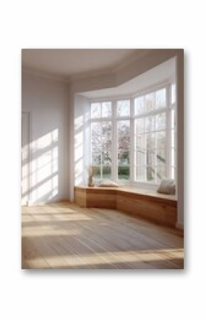 Stunning photo of natural light fills an empty room with light oak flooring and white walls. A large bay window features a cozy wooden seat, creating a warm and inviting.
