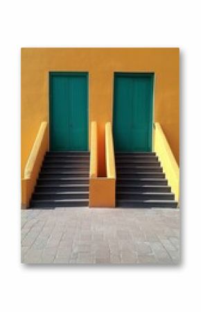 Symmetrical architectural scene with two identical teal doors set against a warm yellow wall, accessed by parallel black staircases with a minimalist geometric design