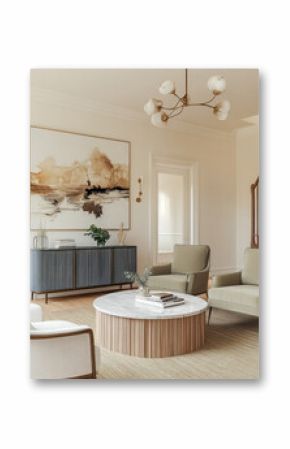 modern living room featuring stylish blue grey furniture, round coffee table, and elegant chandelier. neutral color palette and artwork create sophisticated