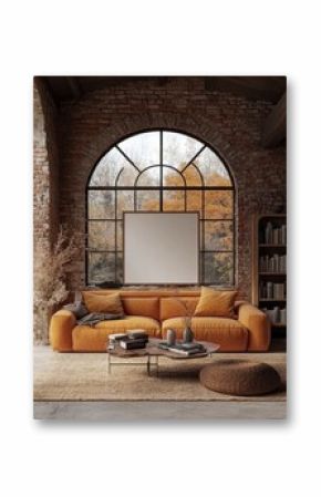 Cozy Living Room with Orange Sofa and Rustic Brick Wall Decor