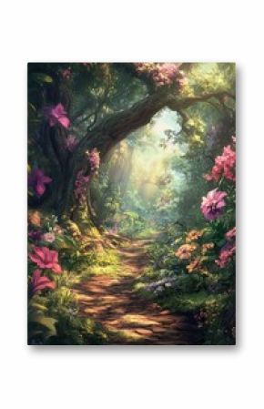 A forest path with a tree in the middle and flowers on the ground. The flowers are pink and purple