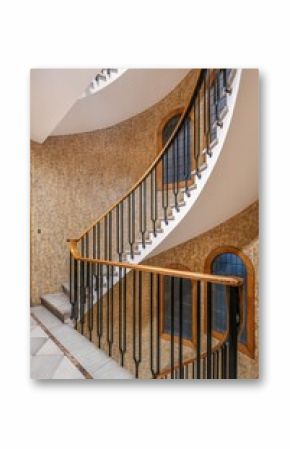 Grand Spiral Staircase In Barcelona Building, Elegant Architecture. Ornate Railing, Classic Design, European Interior, architectural magazines, real estate, property promotions