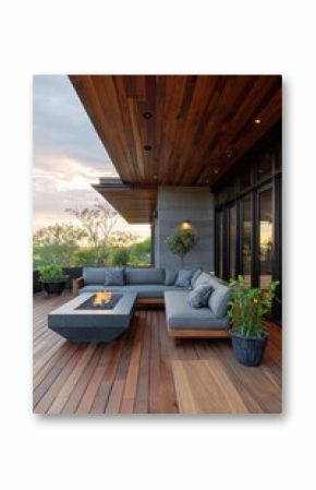 Modern patio with fire pit, sectional sofa, and wooden deck