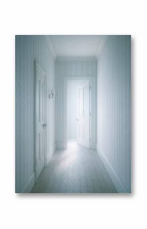 Serene hallway with open door.