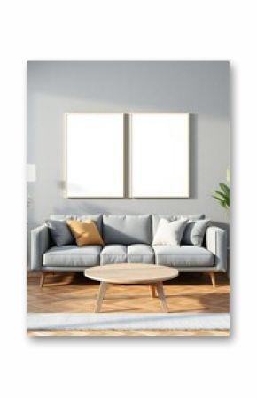 Modern living room with gray sofa and two blank picture frames