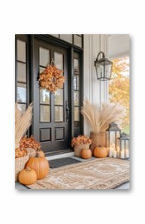 Beautiful Fall Porch Decorated With Pumpkins, Lanterns, and Dried Flowers in a Cozy Setting.