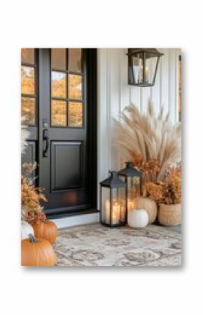 Beautiful Autumn Porch Decor With Pumpkins Lanterns and Pampas Grass Near a Black Front Door