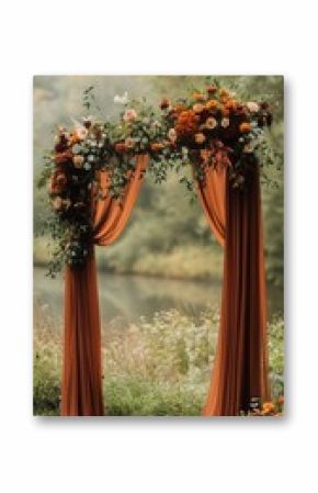 Elegant Autumn Wedding Arch Adorned With Flowers and Drapes in a Scenic Outdoor Setting.