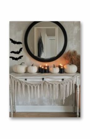 Festive Autumn Decor With Pumpkins and Bats Near a Mirror in a Cozy Living Room.