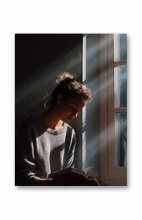 Contemplative moment of a woman reading by the window during afternoon light