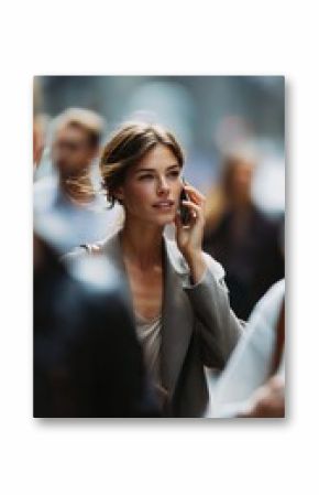 Busy city street features a woman in conversation on her phone during daytime with people all around her