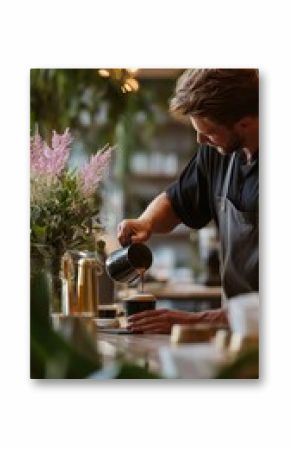 Barista preparing a cup of coffee at a cozy café with floral decor during a sunny afternoon