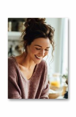 Woman smiles while preparing food in a bright kitchen during the morning hours