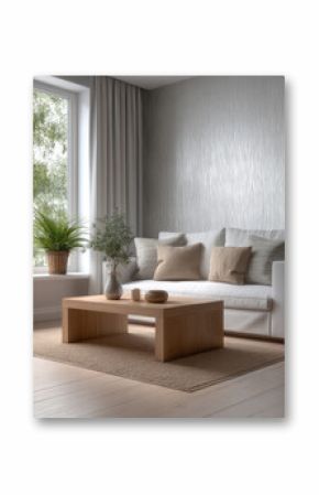 Modern cozy living room with white sofa, wooden coffee table, neutral decor, textured wall, large window, and indoor plants create calm atmosphere