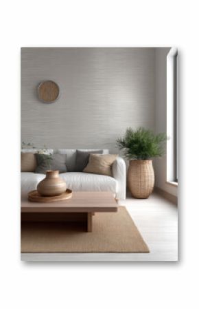 Modern cozy living room with white sofa, neutral cushions, wooden coffee table, woven vase, large window, and natural light