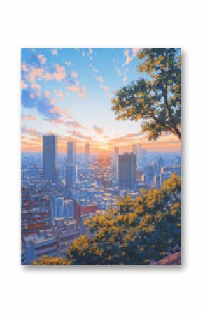 遠くのビル群から近くの住宅街までを優しい筆致で描き出した夕焼けの街、ノスタルジックな光に包まれるパノラマ構図の手描きイラスト、懐かしさと温もりを感じる作品