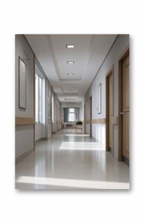 A modern hospital corridor featuring bright lights and sleek design, creating a calm and inviting atmosphere for patients.