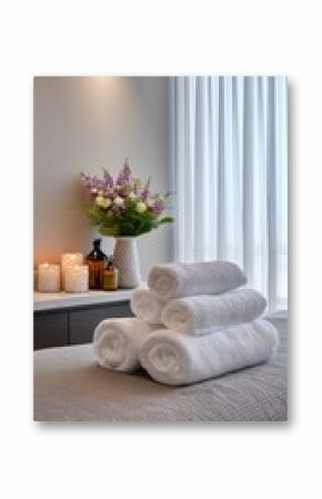 Soft natural light fills the treatment room as the massage therapist organizes towels and oils preparing a welcoming space for client relaxation.