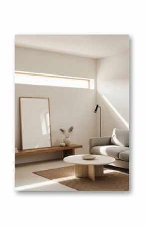 Mockup poster frame in minimalist Scandinavian living room with natural light, neutral tones, and modern wooden furniture