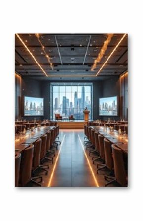 Modern Luxury Corporate Headquarters with Glass Architecture, Golden Accents and Vertical Garden at Dusk, Business Success Concept