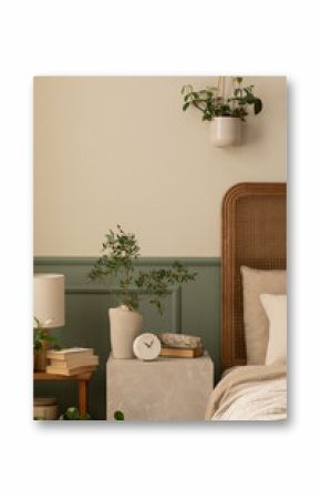 Warm and cozy composition of bedroom interior with bed, beige bedding, stylish vase with green leaves, gray night table, clock, plants in flowerpots and personal accessories. Home decor. Template.
