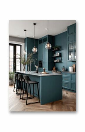 A modern kitchen with Transformative Teal ( 306263) cabinets, marble backsplash, and gold pendant lights, showcasing a modern, luxurious style with a Transformative Teal ( 306263) color scheme.