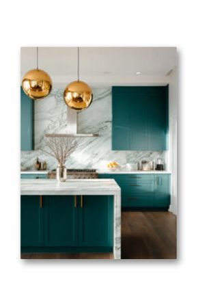 A modern kitchen with Transformative Teal ( 306263) cabinets, marble backsplash, and gold pendant lights, showcasing a modern, luxurious style with a Transformative Teal ( 306263) color scheme.
