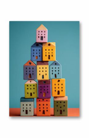 Colorful stacked mini houses on blue background — rent, buy, mortgage concept