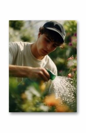 Young person watering plants in a vibrant greenhouse filled with colorful flowers during daytime