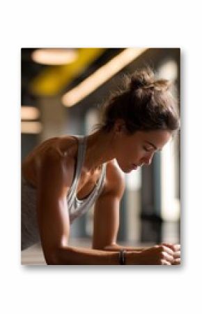 Woman practicing intense plank exercise in modern gym during morning workout session