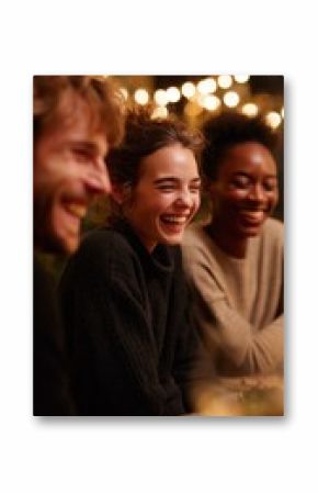 Friends enjoy a joyful evening together at a cozy café decorated with warm lights in a lively indoor setting