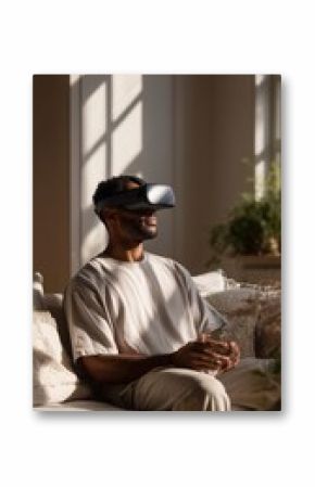 Man experiencing virtual reality while seated in a bright living room during the afternoon