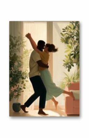 Couple dances joyfully in a bright living room surrounded by plants on a sunny afternoon