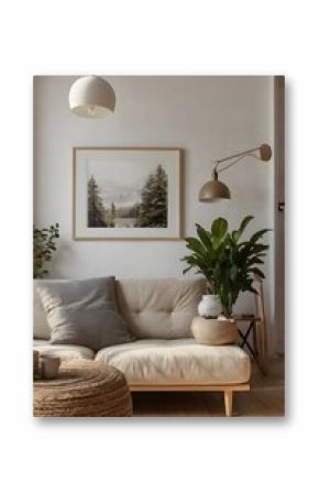 Scandinavian-style living room with a white wall and light wooden floor, large empty picture frame hanging centered on the wall, natural sunlight,Generative Ai 