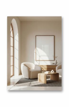 Mockup poster frame in modern minimalist living room with Scandinavian furniture, neutral tones, arched window, and natural sunlight