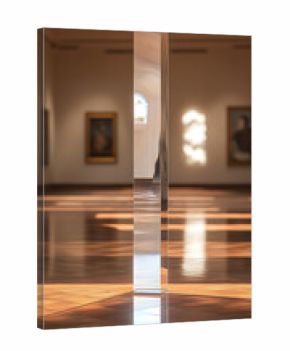 Museum interior with prismatic sculpture