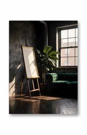 Empty Canvas on Easel in Stylish Loft Interior with Sunlight