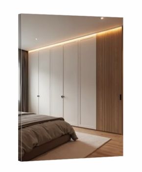 Minimalist bedroom interior featuring sleek white wardrobe with integrated wooden cabinet. Cozy beige rug on light wood floor. Subtle overhead lighting creates calm, inviting atmosphere. Modern,