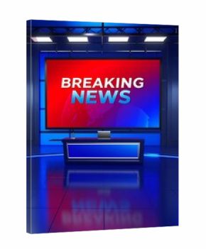 Modern news studio set with a large screen displaying "Breaking News.
