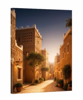 Traditional Diriyah heritage houses and street at sunset in Saudi Arabia