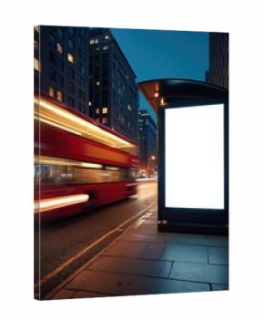 Nighttime street scene with a red double-decker bus in motion and a blank digital advertisement screen at a bus stop. City buildings line the background under a dark blue sky.